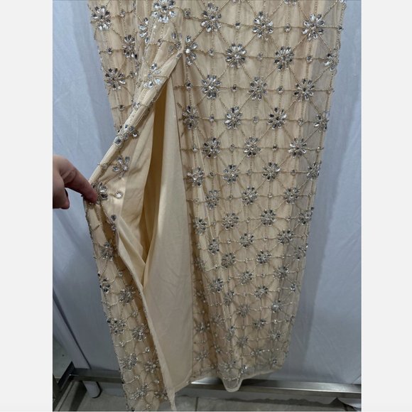 NWT $598 Mac Duggal [ 10 ] Sleeveless Beaded Floral V Neck Gown Nude Silver Q611 - Picture 16 of 16